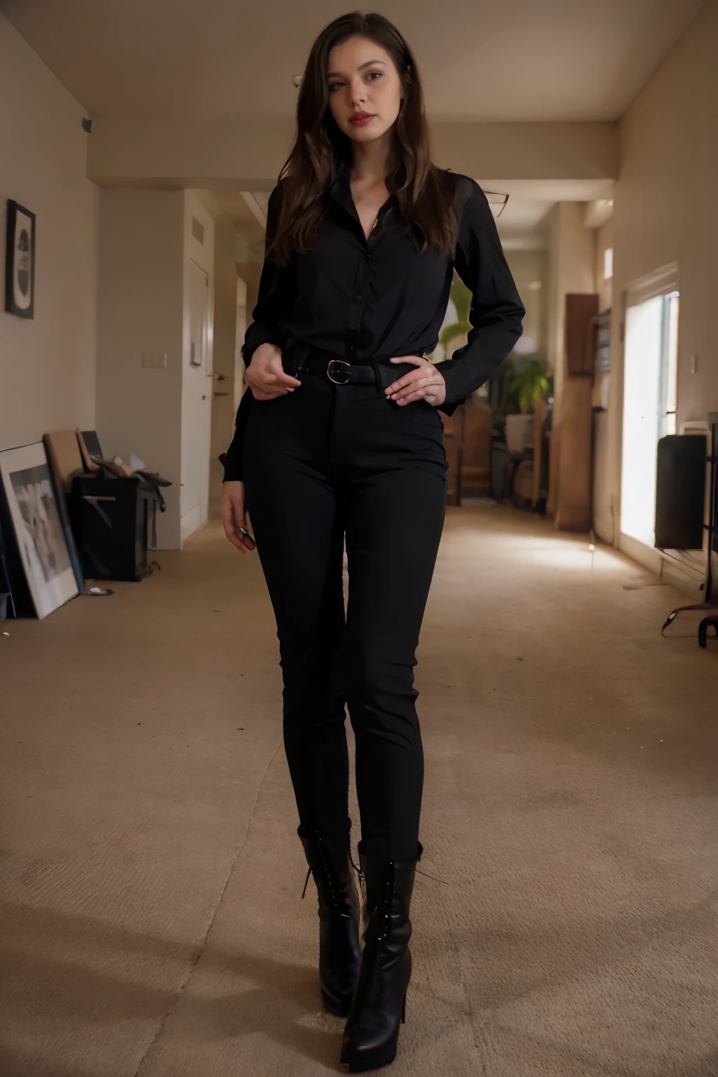 realistc american woman, thirty-eight years old, straight brown long hair, brown eyes,stand-up, black pants, black blouse, thin high-heeled boots makeup with pink lipstick