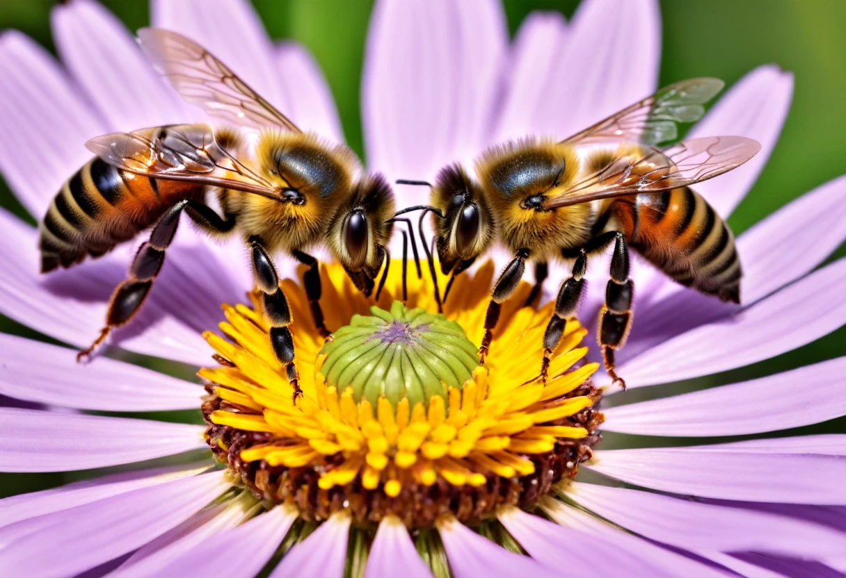 there is a bees that is sitting on a flower, Macro photography by Alexander Kucharsky., shutter stock, Great realism, (bees), closeup painting of bees, beesing happy, beess, Macro Photography Winner, made of beess, 8K macro photography, Portrait, Beautiful, realistic visuals, 3 d bees, Warm and fun atmosphere, close vertical, bees