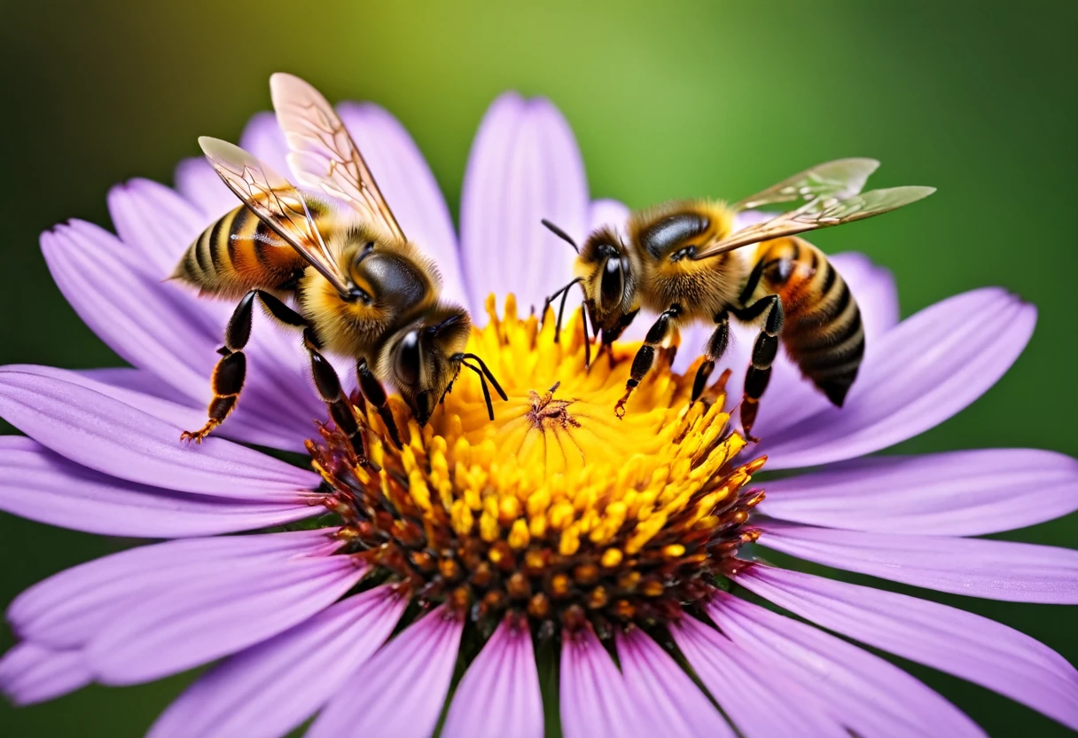 there is a bees that is sitting on a flower, Macro photography by Alexander Kucharsky., shutter stock, Great realism, (bees), closeup painting of bees, beesing happy, beess, Macro Photography Winner, made of beess, 8K macro photography, Portrait, Beautiful, realistic visuals, 3 d bees, Warm and fun atmosphere, close vertical, bees