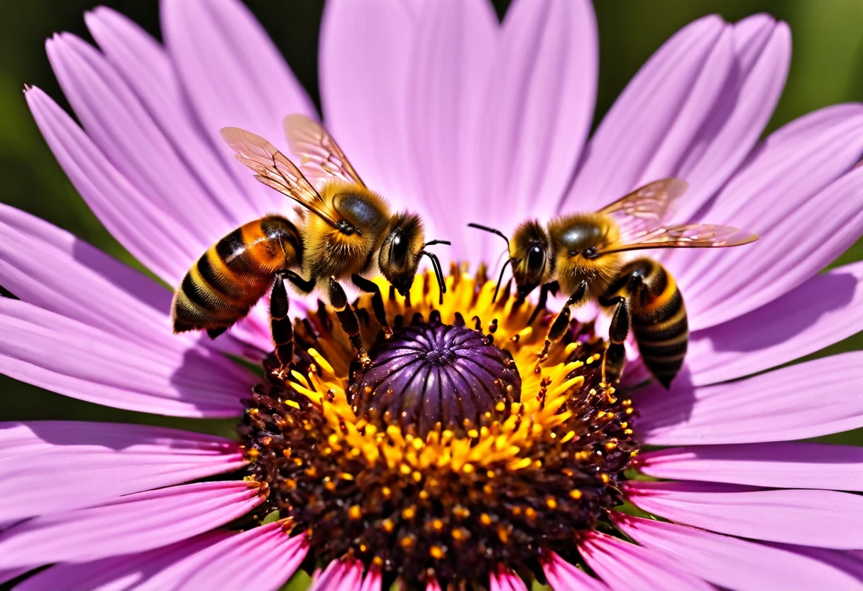 there is a bees that is sitting on a flower, Macro photography by Alexander Kucharsky., shutter stock, Great realism, (bees), closeup painting of bees, beesing happy, beess, Macro Photography Winner, made of beess, 8K macro photography, Portrait, Beautiful, realistic visuals, 3 d bees, Warm and fun atmosphere, close vertical, bees