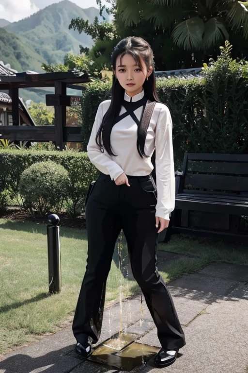 Malay Girl sees the ghost and pees her black ao dai pants until her pants are wet in fright.