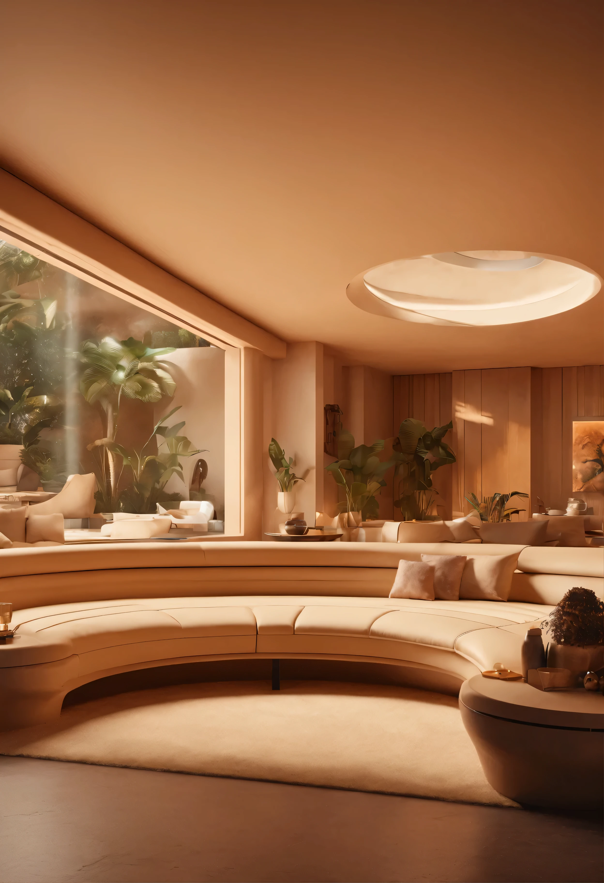 sxnfv style, Sunken living room conversation pit 70s, retro futuristic interior design, Fictional 3D Fantasy 8k Blender Architectural Rendering, Neutral beige color scheme