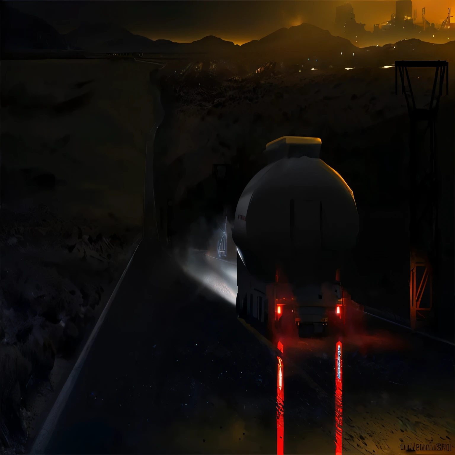 there is a truck driving down the road at night with the sun setting, on a dark desert highway, dramatic lighting. concept art, dramatic lighting sci fi, highly realistic concept art, inspired by Syd Mead, photorealistic dark concept art, syd mead cinematic painting, dramatic concept art, conceptart, concept art rendering, gas station in space, science fiction concept art, concept art