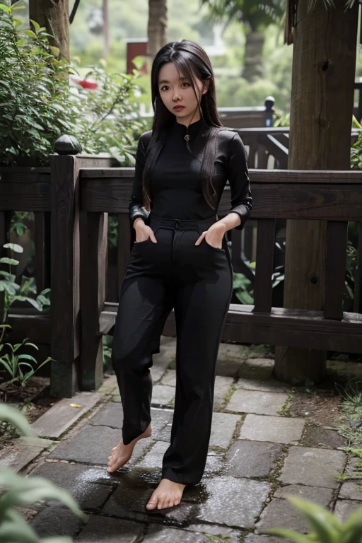 Malay Girl sees the ghost and pees her black ao dai pants until her pants are wet in fright.