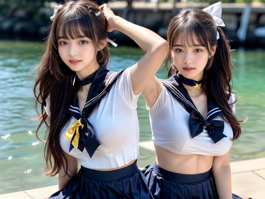(((very heavy chest))),NSFW, 16k raw photos, highest quality, masterpiece, ultra high resolution, ((She is wearing Beautiful exposed redShe is wearing (a high school sailor uniform).
(navy sailor collar:1.4),(white shirt:1.4),(navy pleats skirt:1.4),(navy bow:1.4))).movie, ((2 girls, , 2 schoolgirls)),((attractive expression)),eyes shine、 looking at the viewer, natural skin texture very heavy chest))),((( metal black ribbon around the neck))).star handle mold、((yellow eyes)),Realistic eye and face details, lip whole, lipstick makeup), fluffy ponytail hair, laughter, Beautiful feet, tall woman, ((glowing skin)),((Beautiful armpit)), slim_feet, huge breasts, cleavage, beautiful natural places, beautiful flower garden、(detailed background,highly exposed, huge breasts, blurred background,, JK ribbon on the neck, jk ribbon, golden hair, bracelet, water, bangs, split your lips、armpit、beautiful hip line、glowing skin、(((eyes shine brightly))),lotion skin、High leg、((black hair)),highly exposed、Skimpy pink luxury fur coat、beautiful sea background、wind effect、