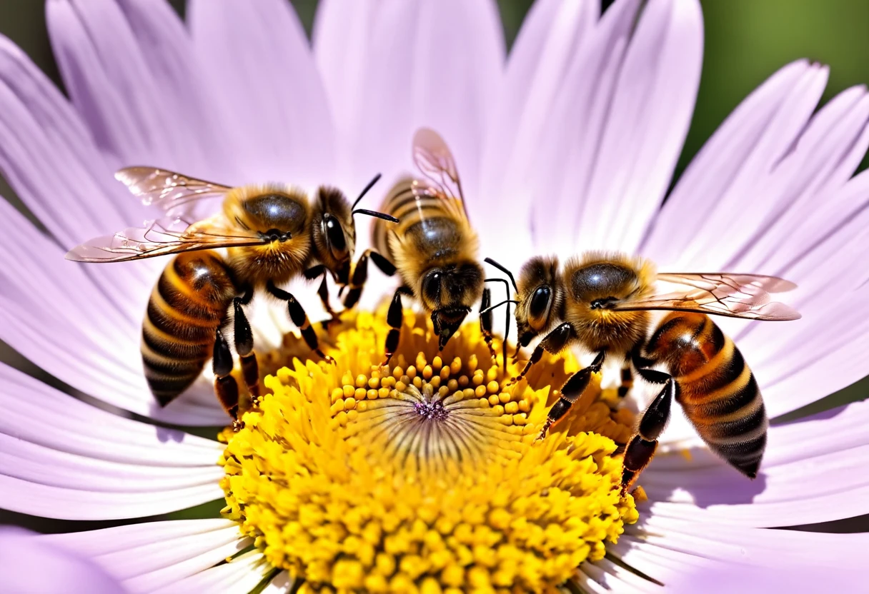 ere is a bees that is sitting on a flower, macro photography, shutter stock, Great realism, (bees), closeup painting of bees, beesing happy, beess, Macro Photography Winner, made of beess, 8K macro photography, Portrait, Beautiful, realistic visuals, 3 d bees, Warm and fun atmosphere, close vertical, bees