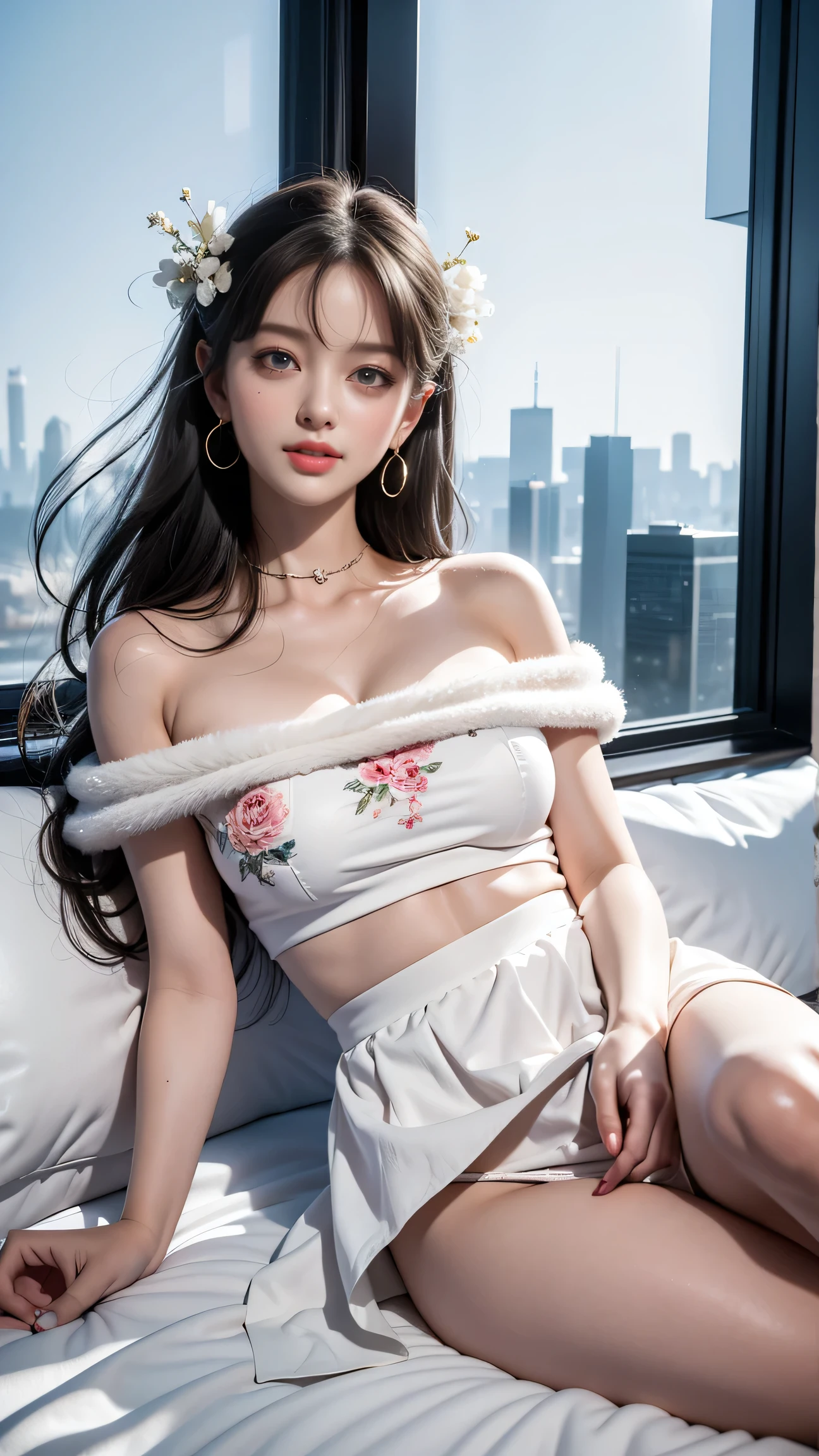 (Girl lying on bed)、Beauty、 One Girl、alone、Long Hair、Viewer、smile、blue eyes、hair ornaments、、gem、Gray Hair、Shut your mouth、Blunt bangs、Manicure、bracelet、lips、Grey Eyes、Portraiture、Red nails、close、Red lips、Put your hands on your face、Place your hand on your cheek、()、(Shiny skin)、((Skyscrapers are hazy outside the window))、(Off-shoulder white dress with floral pattern),),((Girl with her legs slightly apart)),(Leg spread),((White panties are visible)),(Lift-up skirt)、(A perfect, balanced body),