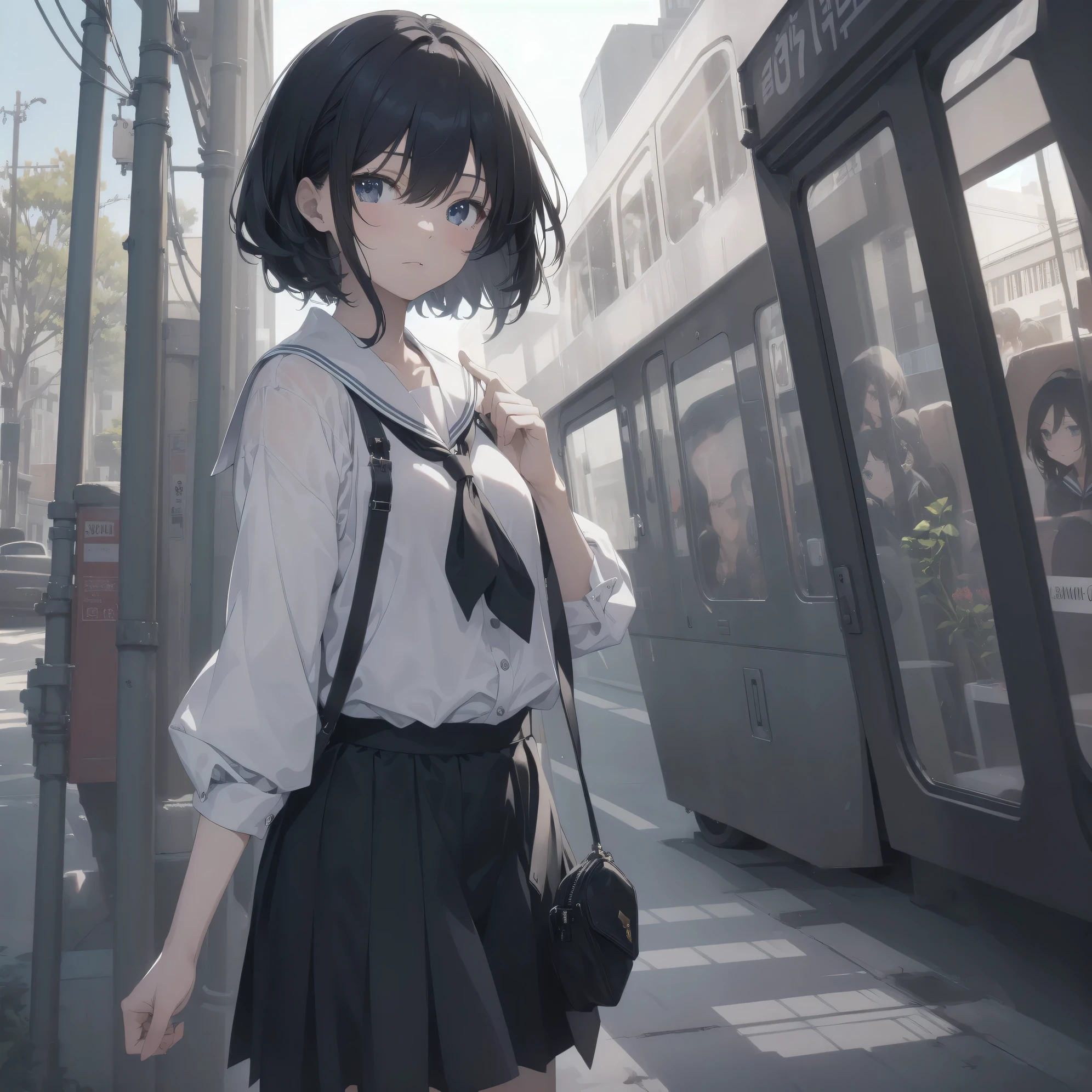 ultra-absurdres-Top quality by artist God, ultra-detailed, high resolution, anime moe artstyle, best anime 8k konachan wallpaper, pixiv contest winner, pool:2810, perfect anatomy,break, 1girl, (Please draw a girl walking sleepily to school alone. )break,(Solo,little female, 13-year-old:1.3),Full limbs, complete fingers,a junior high school student, (very short hair), short cut, flat chest, , small butt, small black eyes, beautiful detailed eyes, well-proportioned iris and pupils, expressive eyes, highres detailed hair, soft expression, salor school_uniform, sailor collar, serahuku, bow, pleated skirt,(Detailed Lighting), (Detailed background), in the School commute route. break,super detailed skin, Best cinematic lighting powered by famous artist, 8k,beauty illustration,photoshop_(medium),very aesthetic,break,((artist:sofra )), artist:clamp ,artist:carnelian ,artist:kantoku ,