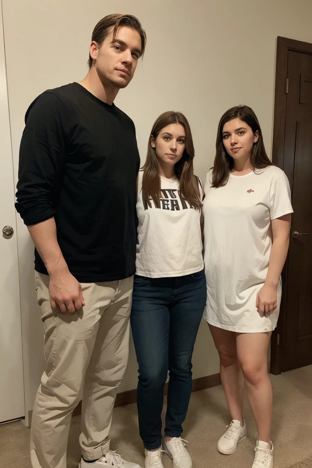 Give me a picture of 2 man and 1 woman. One man is white, tall ang humorous. The other man is Tall, white, and angsty. The woman is chubby and quiet. They're standing next to each other