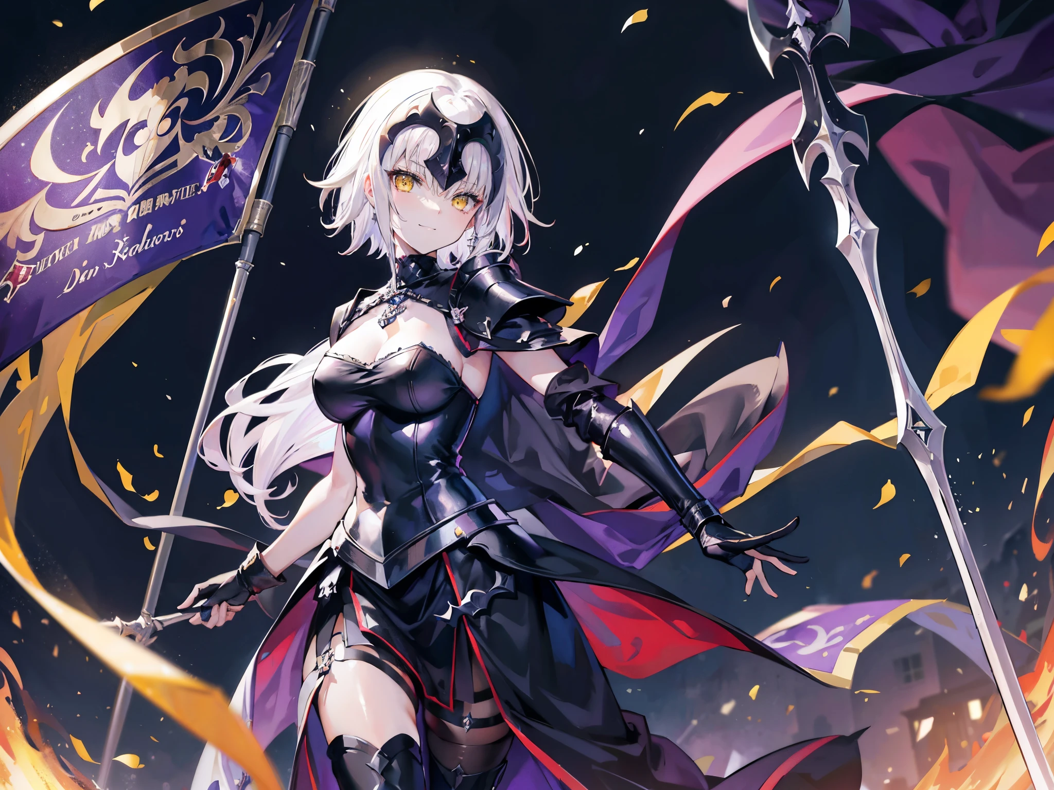 forehead accessory, jeanne d'arc alter, avenger, first ascension, dark persona, portrait, full body, 1 girl, Feeling magical energy, femboy, otoko no ko, shoulder length hair, medium hair, yellow eyes, fur trimmed black cape, raise a flag, evil smile, black armor, pillars of purple fire, moonlight, beautiful art, depth of field, high res, perfect face, detailed outfit