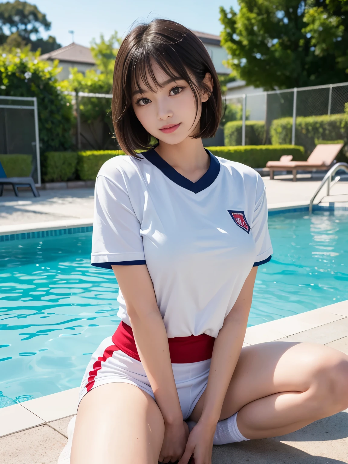 ultra highres,(reality: 1.4),highest quality, masterpiece, high detail, 16K quality, beautiful, 1 beautiful girl,japanese,super beautiful face,,japanese idol face,cute face,super detailed face,detailed hand,beautiful skin,sweaty skin,big eyes,big smile,profeccional lighting,short hair, black hair,brown beautiful eyes, gym uniform,school gym buruma,(red buruma), white shirt, short sleeves, standing,spread legs,medium breasts,high socks,she is looking at the camera,pool side,blue sky,nsfw,from front,