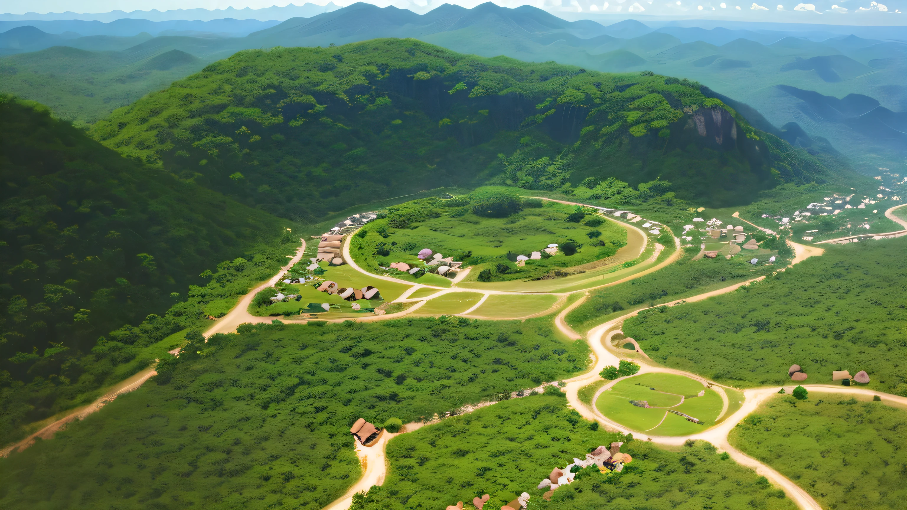 "An aerial view of an African village named Mugoma, lush greenery, serene landscapes, traditional huts, and clear skies. The scene should evoke a sense of peace and beauty."