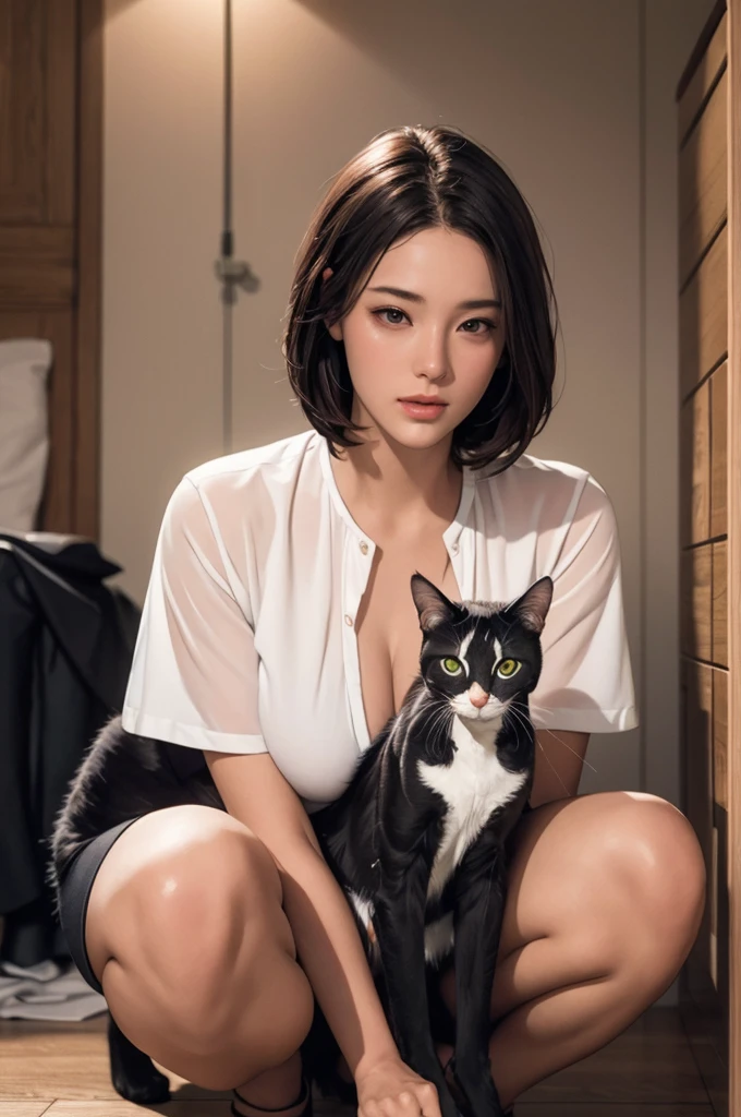 highest quality, Perfect Face, Complex, Beautiful views, Ultra-realistic 8K CG,Perfect artwork, (Ultra-high resolution:1.0), 8k, RAW Photos, (masterpiece:1.2), (PurerosFace_v1:0.5), 2 cats, Two Girls, Sitting, Crouching with one&#39;s back turned, A girl carrying a cat on her back, A cat curled up and sleeping on a girl&#39;s back, Girl&#39;s face looking back, Cat on top, Girl below, Curled up in the cold, A girl curled up and her friend&#39;s girl looking at a cat, indoor, Western-style room, poster on wall, Low Desk, textbook, Note, A scene of students relaxing while studying for a test