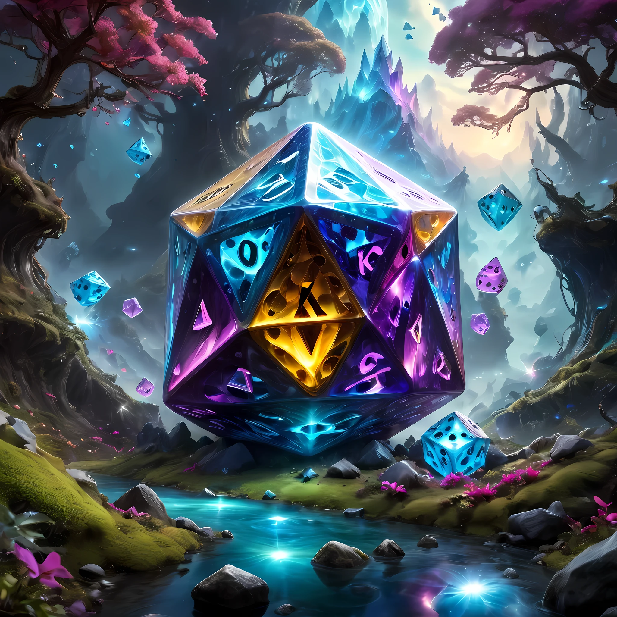 (best quality,4k,8k,highres,masterpiece:1.2), ultra-detailed, (realistic,photorealistic,photo-realistic:1.37), rolling the dice, magical realism, fantasy, Dungeons and Dragons, surrealist scenery, ethereal lighting, mystical aura, intricate details, vivid colors, dreamlike atmosphere, enchanted creatures, intricate dice design, immersive world, mysterious symbols, imaginative artwork, mesmerizing composition, otherworldly elements, mythical beings, dynamic poses, epic adventures, fantastical landscapes, spellbinding visuals.