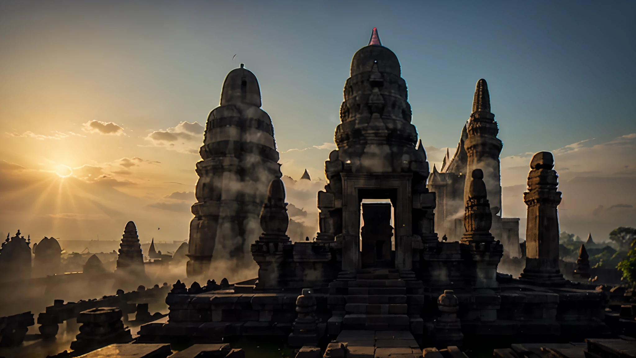 unfinish tample (tample of prambanan), sunrise, mist, good lighting, detail, detail unfinish, eye level angel, mist tample