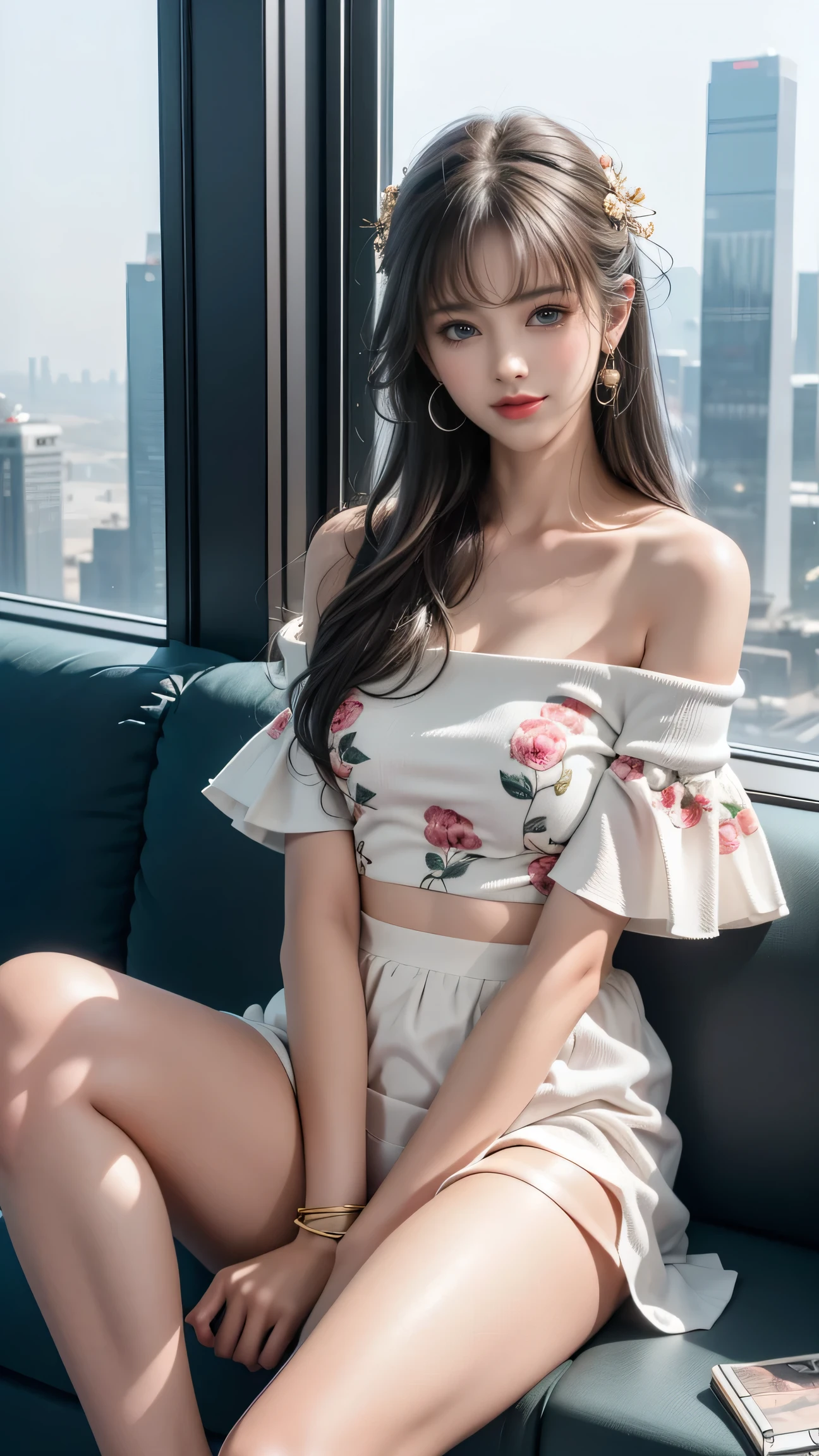 (Girl sitting on sofa in office)、Beauty、 One Girl、alone、Long Hair、Viewer、smile、blue eyes、hair ornaments、、gem、Gray Hair、Shut your mouth、Blunt banganicure、bracelet、lips、Grey Eyes、Portraiture、Red nails、close、Red lips、Put your hands on your face、Place your hand on your cheek、()、(Shiny skin)、((Skyscrapers are hazy outside the window))、(Off-shoulder white dress with floral pattern),),((Girl with her legs slightly apart)),(Leg spread),((White panties are visible)),(Lift-up skirt)、