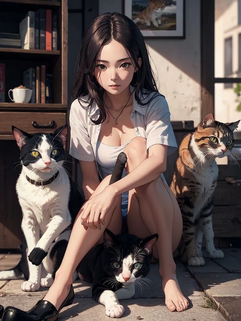 highest quality, Perfect Face, Complex, Beautiful views, Ultra-realistic 8K CG,Perfect artwork, (Ultra-high resolution:1.0), 8k, RAW Photos, (masterpiece:1.2), (PurerosFace_v1:0.5), 2 cats, Two Girls, Sitting, Crouching with one&#39;s back turned, A girl carrying a cat on her back, A cat curled up and sleeping on a girl&#39;s back, Girl&#39;s face looking back, Cat on top, Girl below, Curled up in the cold, A girl curled up and her friend&#39;s girl looking at a cat, indoor, Western-style room, poster on wall, Low Desk, textbook, Note, A scene of students relaxing while studying for a test