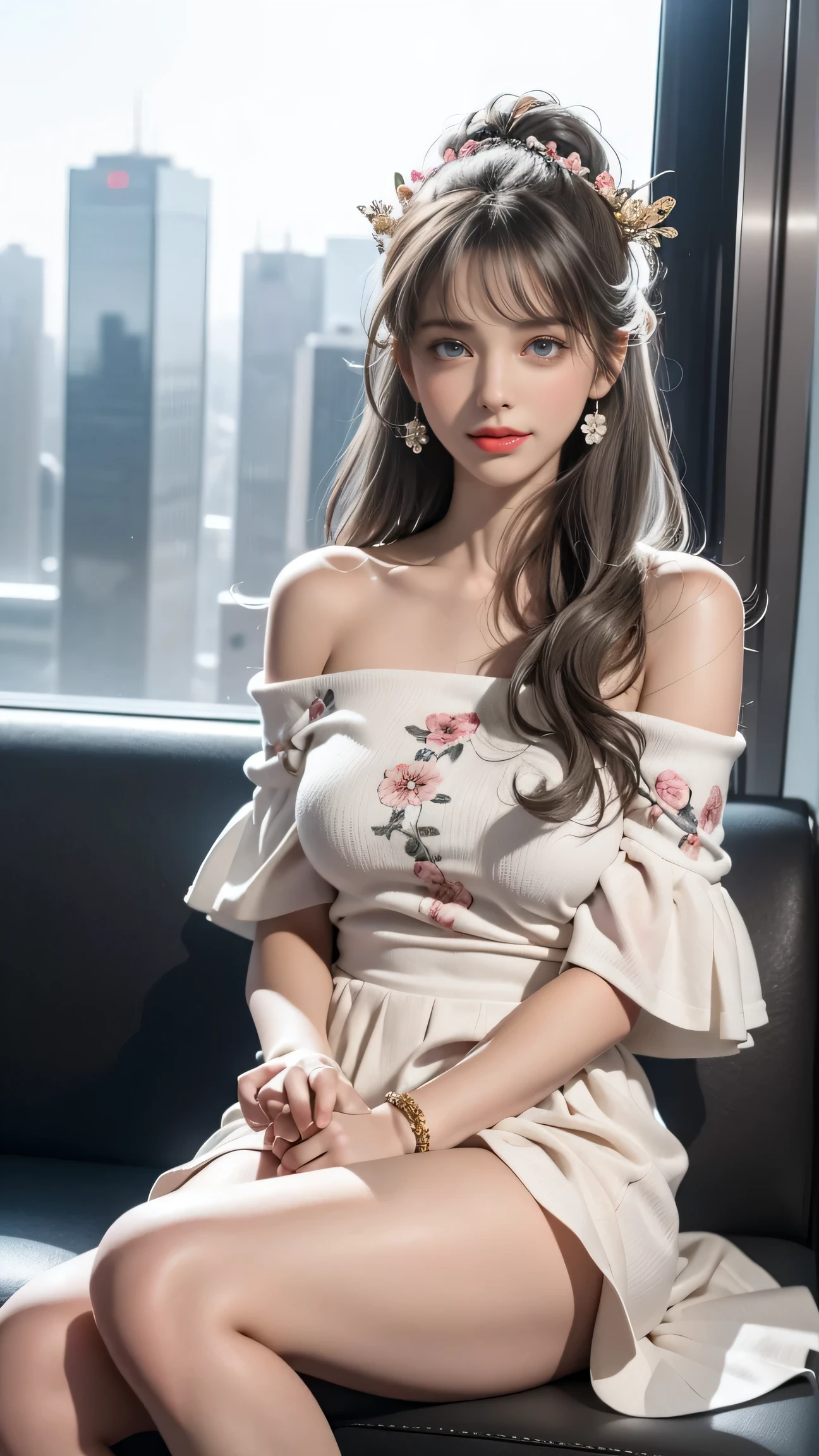(Girl sitting on sofa in office)、Beauty、 One Girl、alone、Long Hair、Viewer、smile、blue eyes、hair ornaments、、gem、Gray Hair、Shut your mouth、Blunt banganicure、bracelet、lips、Grey Eyes、Portraiture、Red nails、close、Red lips、Put your hands on your face、Place your hand on your cheek、()、(Shiny skin)、((Skyscrapers are hazy outside the window))、(Off-shoulder white dress with floral pattern),),((Girl with her legs slightly apart)),(Leg spread),((White panties are visible)),(Lift-up skirt)、