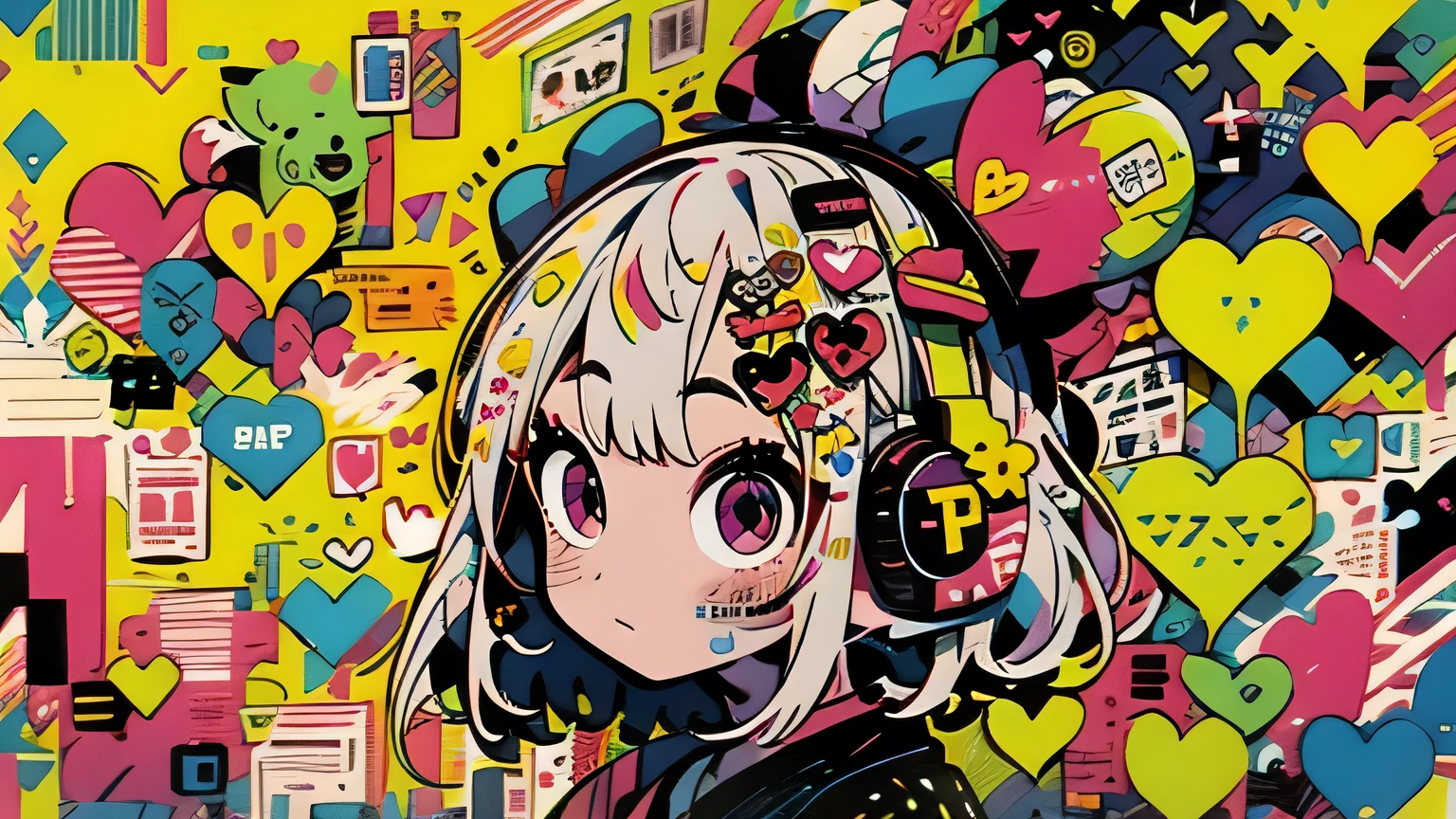 Idol listening to music with headphones　Hannya Heart Sutra　POP 　Colorful background、(Very detailed,Ultra-high resolution,Detailed Background),((2D)),(