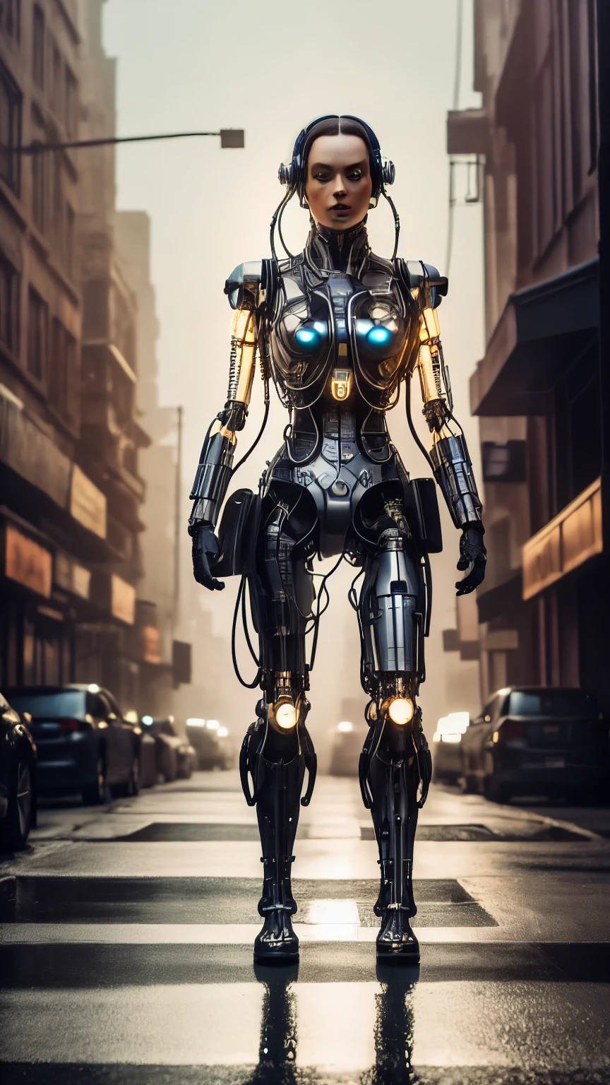 (full body cyborg)| full-length portrait| detailed face| symmetric| steampunk| cyberpunk| cyborg| intricate detailed| to scale| hyperrealistic| cinematic lighting| digital art| concept art| mdjrny-v4 style, walking 