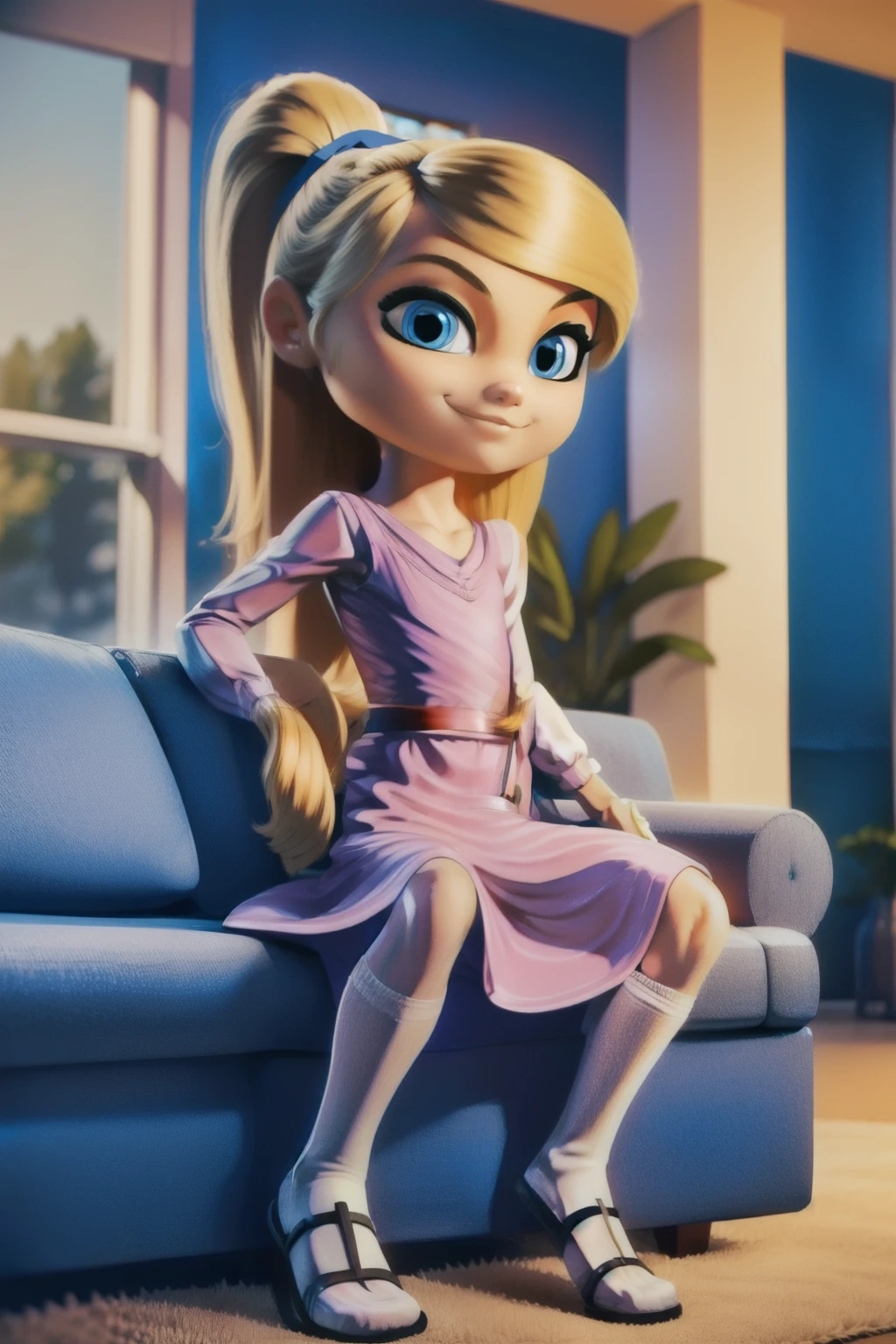 1girl, blonde hair, long hair, cyan ribbon, ponytail, nine years old, blue eyes, ((pink dress)), puffy sleeves, white tube socks, no shoes, smug, sitting, leaning forward, indoors, couch,