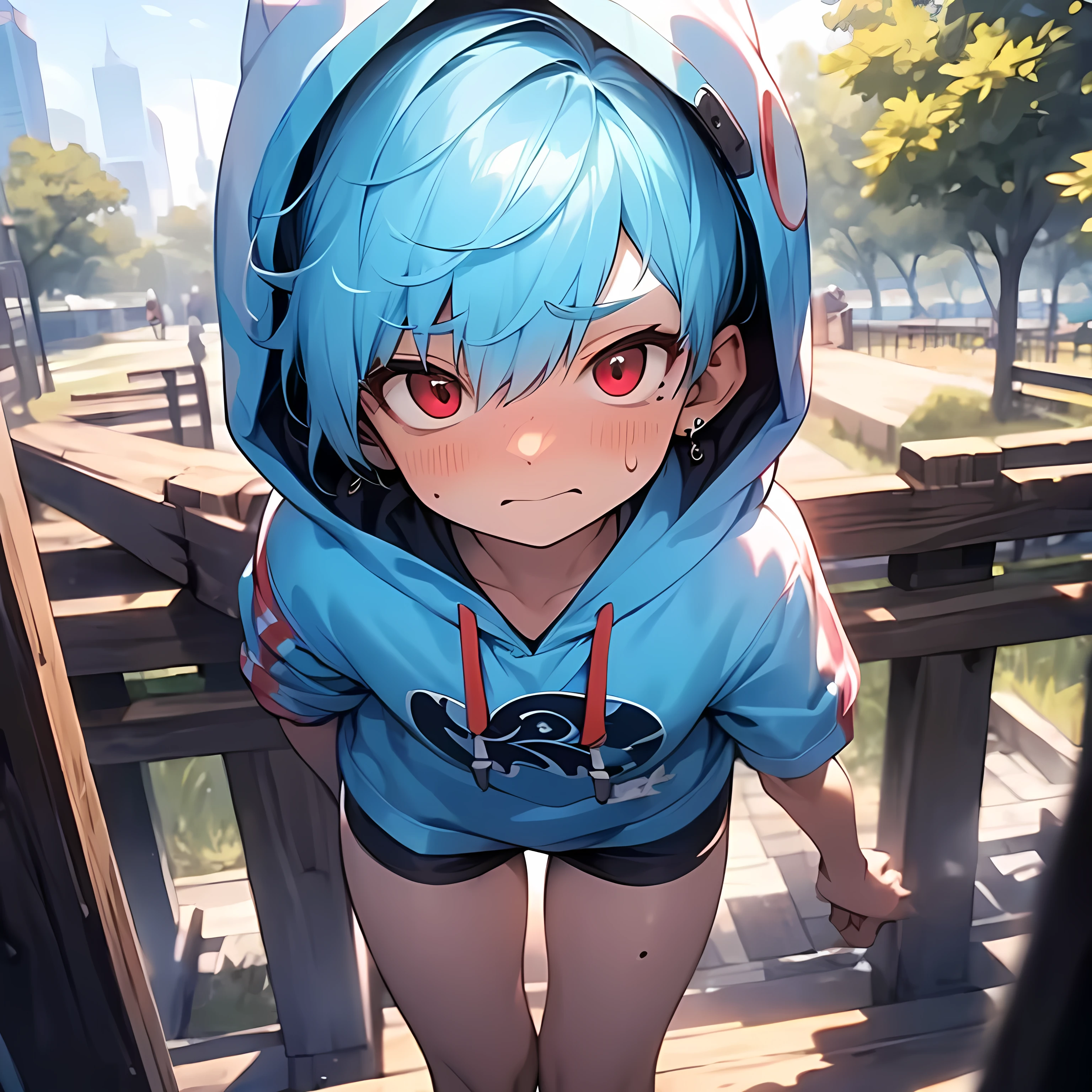 (boldline:-1.6), (thighs:1.5), (hoodi:1.5), (best quality:1.5), (absolutely resolution:1.5), (ultra detailed:1.5), (masterpiece:1.5), (perfect face:1.5), (detailed face:1.5), (detailed eyes:1.5), (cute face), (shota:1.65), (skinny:1.3), (spiked hair), BREAK (light blue hair:1.5), (wine red eyes:1.4), (eyes with high light), ((mole under eye)), (sweaty skin), BREAK (embarrassed:1.5), ((earrings)), (shiny skin:1.3), BREAK (park:1.8), BREAK
(at twilight:1.5), (((wind blowing))), from below, wide angle,