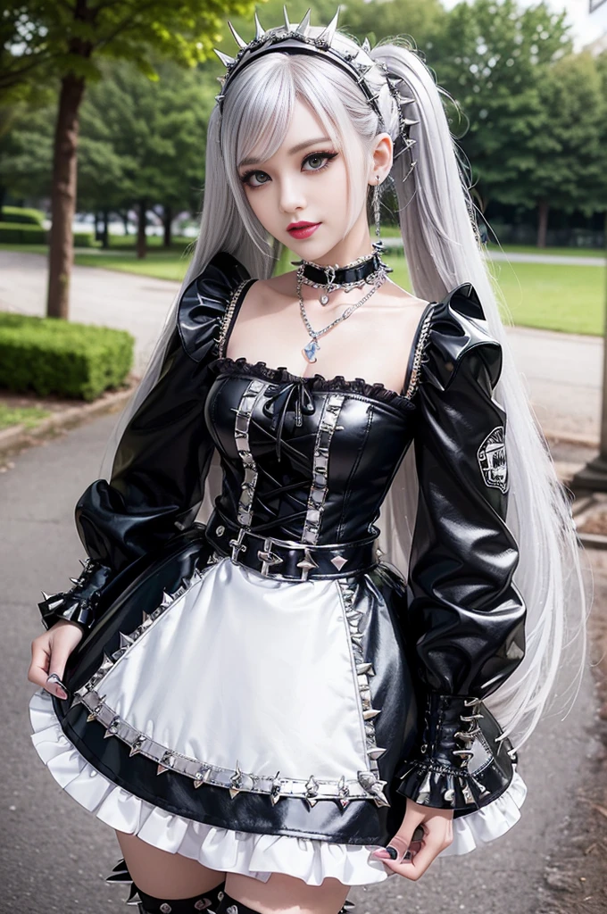 sexy stylish female model, only 1 female, ((doll-like appearance)), long colorful stylish hair, ((shiny Punk-Style boots)), (big smile), ultra detailed eyes, detailed makeup, lipgloss, ((sexy Punk ta cosplay)), unconventional skirt, petticoats, high neckline, ((ultra detailed lace)), ((ultra detailed embroidery)), intricate details, tartan patterns, ((silver chains)), ((silver spikes)), ((safety pins)), Punk Loliccessoires, Punk Lolita cr, ((large sparkling Punk Lolita jewel, cinematic light, detailed large park background with trees
