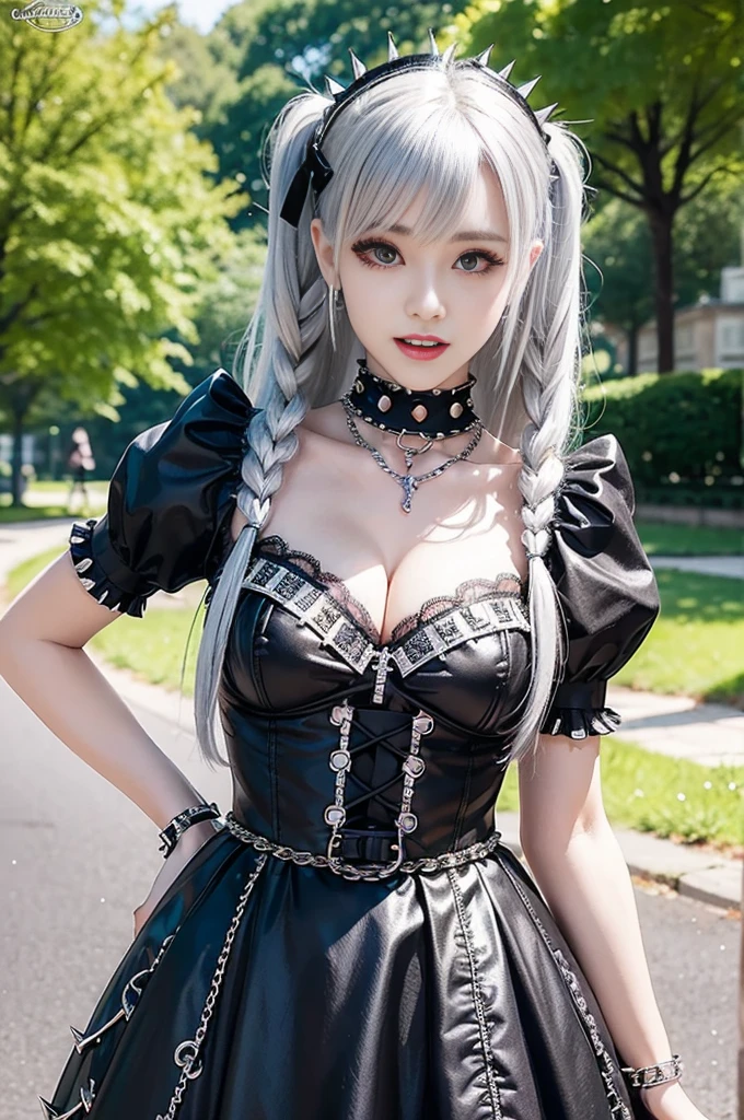 sexy stylish female model, only 1 female, ((doll-like appearance)), long colorful stylish hair, ((shiny Punk-Style boots)), (big smile), ultra detailed eyes, detailed makeup, lipgloss, ((sexy Punk ta cosplay)), unconventional skirt, petticoats, high neckline, ((ultra detailed lace)), ((ultra detailed embroidery)), intricate details, tartan patterns, ((silver chains)), ((silver spikes)), ((safety pins)), Punk Loliccessoires, Punk Lolita cr, ((large sparkling Punk Lolita jewel, cinematic light, detailed large park background with trees