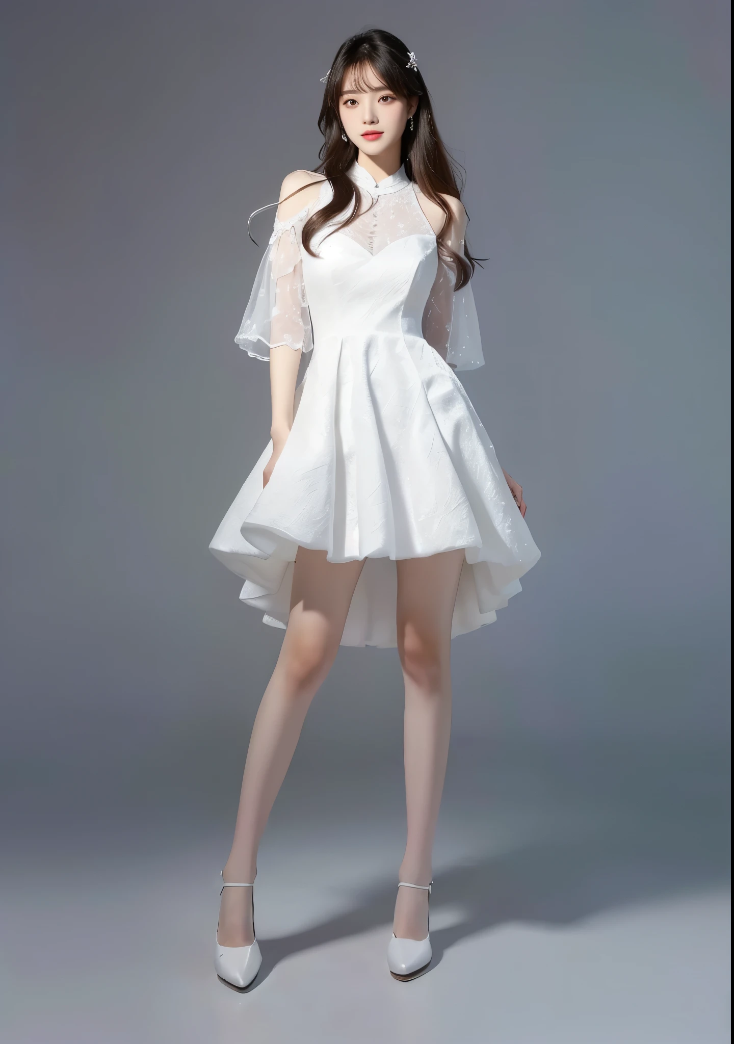 a woman in a White Dress and white shoes posing for a picture, full body White Dress, White Dress, dress, white royal dress, White fluffy outfit, 白色多边形dress, Thin waist, elegant White Dress, pretty White Dress, Short skirt, Dreamy dress, wearing White Dress, intricate White Dress, 半透明dress, 时尚dress, 穿着象牙色dress