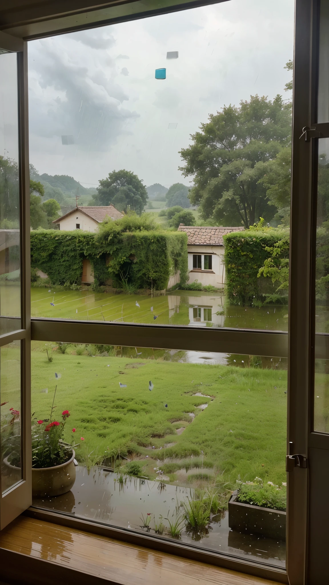 An open window of a house in the country side where the rain is falling non-stop in meadows outside..