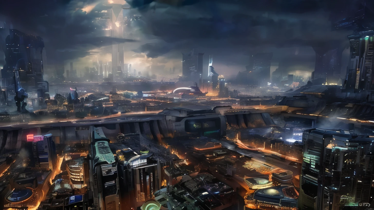 futuristic city at night with a lot of lights and buildings, beautiful city of the future, futuristic dystopian city, as a cyberpunk dystopia, dystopian cyberpunk city, otherwordly futuristic city, dark cyberpunk metropolis, cyberpunk metropolis, busy cyberpunk metropolis, aerial view of a cyberpunk city, beautiful cyberpunk city, in fantasy sci - fi city, dark futuristic city, futuristic metropolis