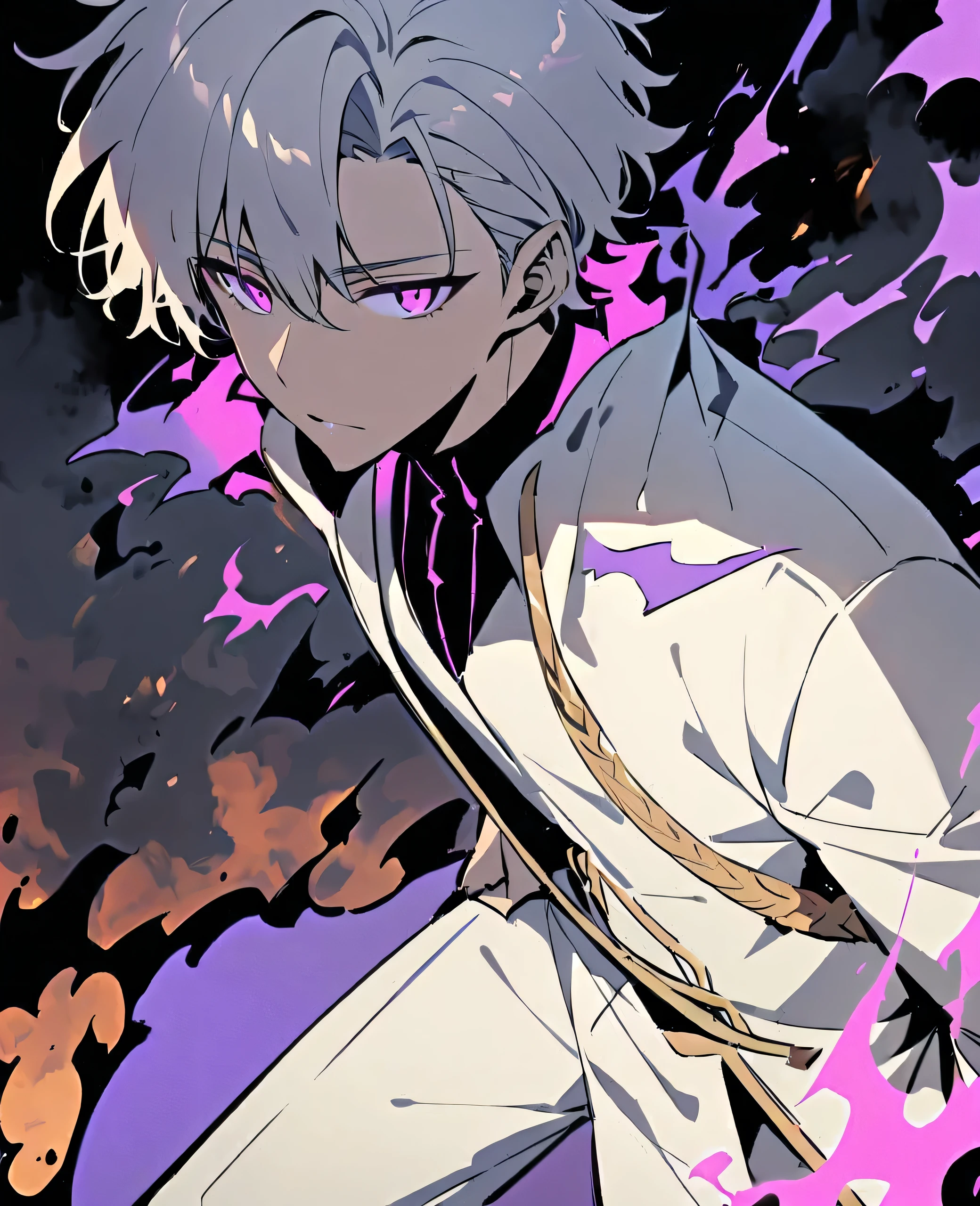 Handsome, solo, male, short hair, white hair, pink eyes, white shirt, white pant, black and white coat, purple flame