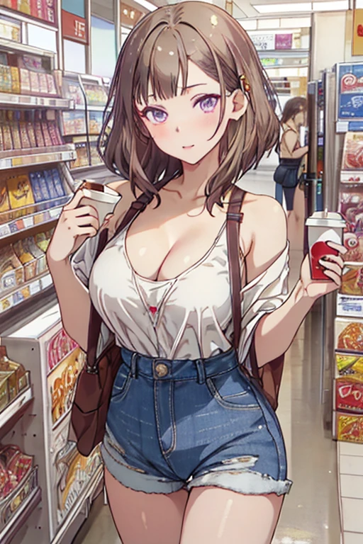 (masterpiece, Best Quality, ultra-detailed, high resolution, extremely detailed CG, official art, Professional Lighting, Perfect Anatomy, anime colors), (from below), looking at viewer, cowboy shot, perfect body, 24yo beautiful 1girl, medium hips, glamorous body,a small face,beautiful-makeup,Makeup light,Shortcut Hair,dark brown hair、Bust b Cup, Amazing Cleavage, thin waist, big ass, Raised sexy, big breast: 1.2 posed cleavage:1.2, (off shoulders,Sportsbra,legginullnude), micro denim shorts, bare legs, nail_polish, pale skin, Waiting friend, (morning:1.5), tokyo, (convenience store:1.3), outdoor, (depth of field:1.3), contrapposto, (Hold a coffee in your hand:1.3),delicate beautiful face, Bright magenta eyes, cute eyes, sparkling eyes, Big eyes, (big breasts:1.3), (perky chest:1.1), (pointed chest:1.3), looking at viewer,