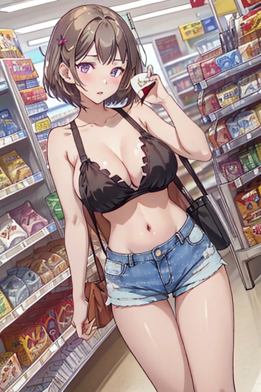 (masterpiece, Best Quality, ultra-detailed, high resolution, extremely detailed CG, official art, Professional Lighting, Perfect Anatomy, anime colors), (from below), looking at viewer, cowboy shot, perfect body, 24yo beautiful 1girl, medium hips, glamorous body,a small face,beautiful-makeup,Makeup light,Shortcut Hair,dark brown hair、Bust b Cup, Amazing Cleavage, thin waist, big ass, Raised sexy, big breast: 1.2 posed cleavage:1.2, (off shoulders,Sportsbra,legginullnude), micro denim shorts, bare legs, nail_polish, pale skin, Waiting friend, (morning:1.5), tokyo, (convenience store:1.3), outdoor, (depth of field:1.3), contrapposto, (Hold a coffee in your hand:1.3),delicate beautiful face, Bright magenta eyes, cute eyes, sparkling eyes, Big eyes, (big breasts:1.3), (perky chest:1.1), (pointed chest:1.3), looking at viewer,