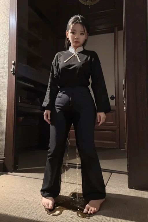 Malay Girl sees the ghost and pees her black ao dai pants until her pants are wet in fright.