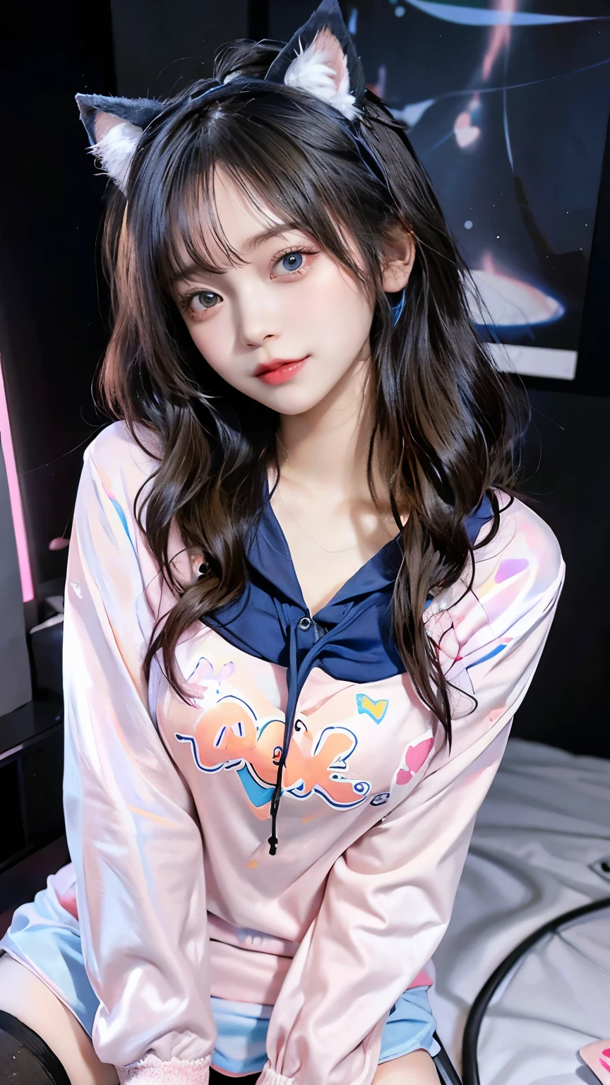 /imagine a beautiful anime girl live streaming from her room, with long black hair, big blue eyes, wearing a pink hoodie and a cute headset with cat ears, sitting in front of a modern computer setup with colorful LED lights, surrounded by plushies and posters on the wall, smiling and engaging with her audience, bright and cheerful atmosphere