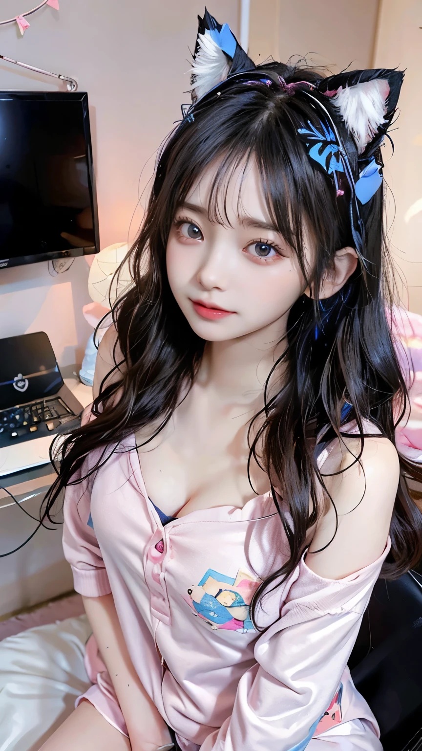 /imagine a beautiful anime girl live streaming from her room, with long black hair, big blue eyes, wearing a pink hoodie and a cute headset with cat ears, sitting in front of a modern computer setup with colorful LED lights, surrounded by plushies and posters on the wall, smiling and engaging with her audience, bright and cheerful atmosphere
