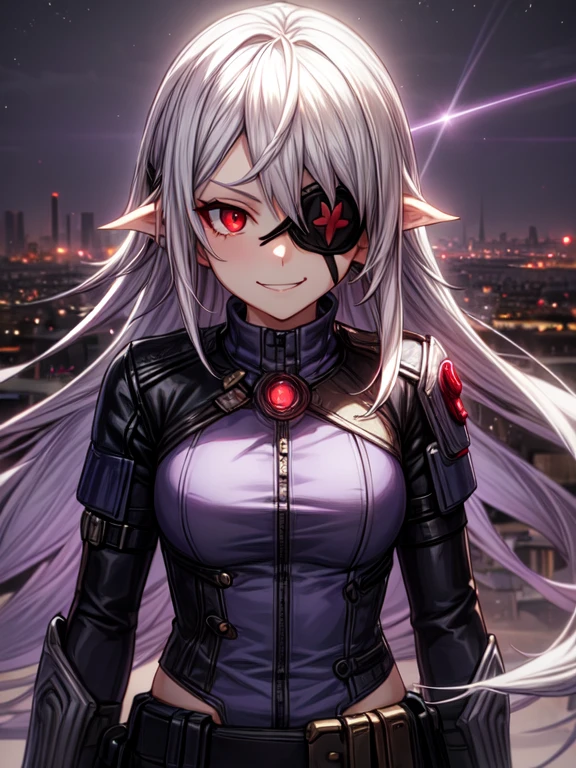 1 Girl, (One), Anime girl with long white hair and red eyes, Girl with white hair, girl in white turtleneck, ((eye patch)), pointed ears, ((a vampire)), grin, Complacent, closed mouth, cowboy shot, perfect white-haired girl, white-haired deity, digital anime art in cyberpunk style, turtleneck, lens flare, ((dramatic lighting)), soft glowing red eyes, extremely detailed, masterpiece, I look at the viewer, city in the background, (night)