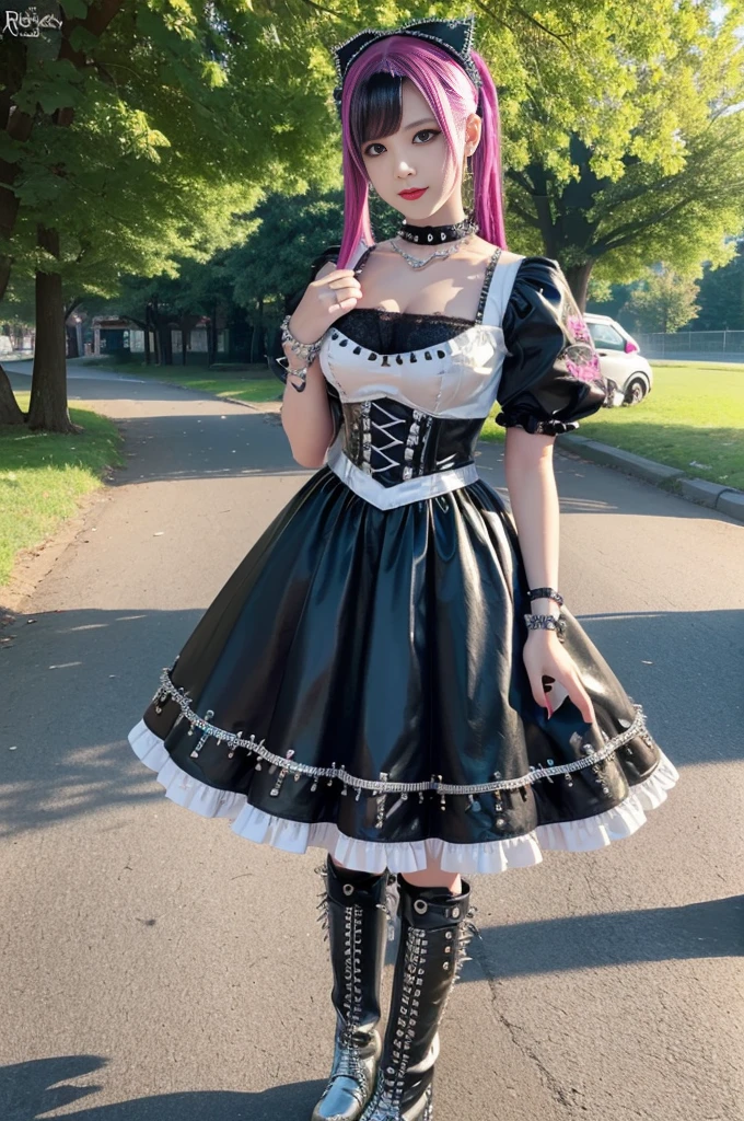 sexy stylish female model, only 1 female, ((doll-like appearance)), long colorful stylish hair, ((shiny Punk-Style boots)), (big smile), ultra detailed eyes, detailed makeup, lipgloss, ((sexy Punk Lolita cosplay)), unconventional skirt, petticoats, high neckline, ((ultra detailed lace)), ((ultra detailed embroidery)), intricate details, tartan patterns, ((silver chains)), ((silver spikes)), ((safety pins)), Punk Lolita accessoires, Punk Lolita choker, ((large sparkling Punk Lolita jewelry)), cinematic light, detailed large park background with trees 