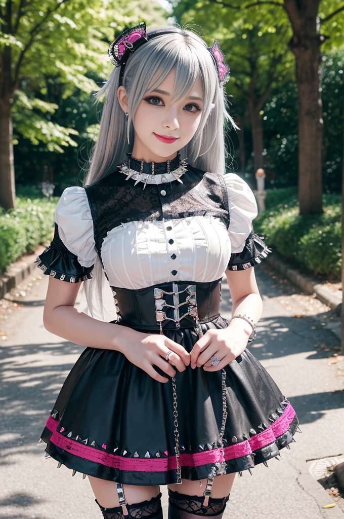 sexy stylish female model, only 1 female, ((doll-like appearance)), long colorful stylish hair, ((shiny Punk-Style boots)), (big smile), ultra detailed eyes, detailed makeup, lipgloss, ((sexy Punk ta cosplay)), unconventional skirt, petticoats, high neckline, ((ultra detailed lace)), ((ultra detailed embroidery)), intricate details, tartan patterns, ((silver chains)), ((silver spikes)), ((safety pins)), Punk Loliccessoires, Punk Lolita cr, ((large sparkling Punk Lolita jewel, cinematic light, detailed large park background with trees