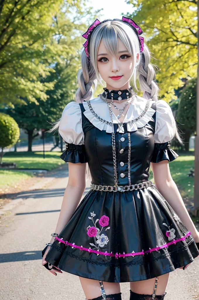 sexy stylish female model, only 1 female, ((doll-like appearance)), long colorful stylish hair, ((shiny Punk-Style boots)), (big smile), ultra detailed eyes, detailed makeup, lipgloss, ((sexy Punk ta cosplay)), unconventional skirt, petticoats, high neckline, ((ultra detailed lace)), ((ultra detailed embroidery)), intricate details, tartan patterns, ((silver chains)), ((silver spikes)), ((safety pins)), Punk Loliccessoires, Punk Lolita cr, ((large sparkling Punk Lolita jewel, cinematic light, detailed large park background with trees