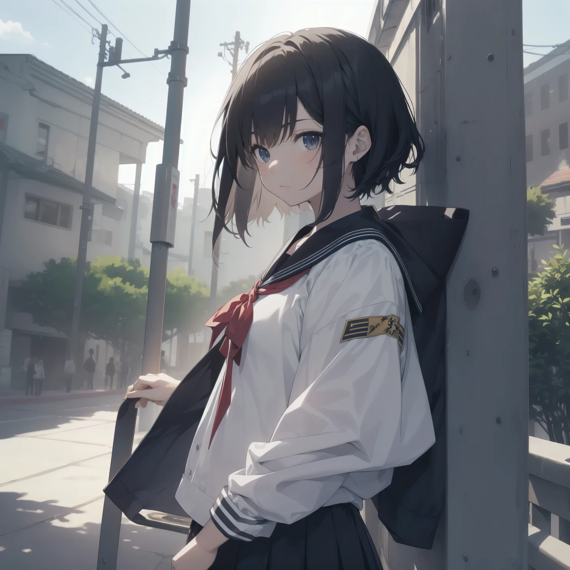 ultra-absurdres-Top quality by artist God, ultra-detailed, high resolution, anime moe artstyle, best anime 8k konachan wallpaper, pixiv contest winner, pool:2810, perfect anatomy,break, 1girl, (Please draw a girl walking sleepily to school alone. )break,(Solo,little female, 13-year-old:1.3),Full limbs, complete fingers,a junior high school student, (very short hair), short cut, flat chest, , small butt, small black eyes, beautiful detailed eyes, well-proportioned iris and pupils, expressive eyes, highres detailed hair, soft expression, salor school_uniform, sailor collar, serahuku, bow, pleated skirt,(Detailed Lighting), (Detailed background), in the School commute route. break,super detailed skin, Best cinematic lighting powered by famous artist, 8k,beauty illustration,photoshop_(medium),very aesthetic,break,((artist:sofra )), artist:clamp ,artist:carnelian ,artist:kantoku ,