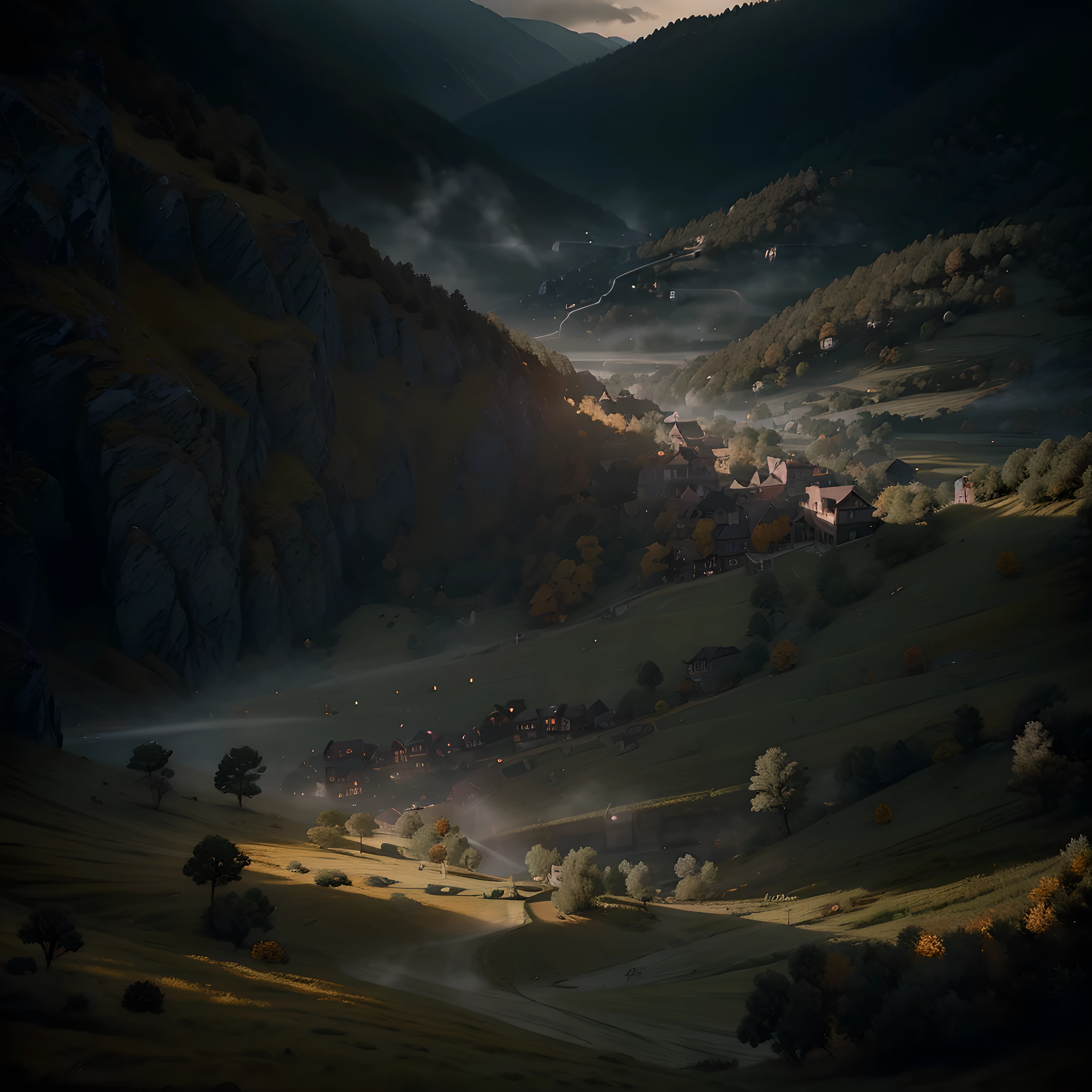 landscape of a Glittering Golf course, dense woods, at Sunrise, Direct light, Selective focus, illustration, perfect details, light particles, chromatic aberration, masterpiece, best quality, absurdres, highest quality, amazing details, hyper detail, dramatic light, intricate details