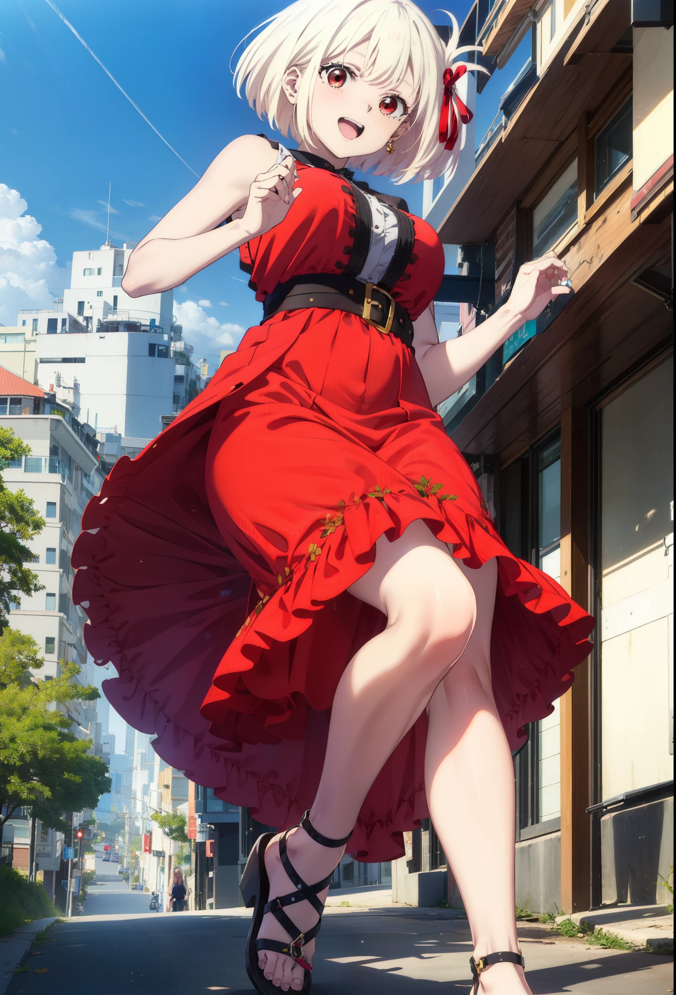 chisatonishikigi, Chisato Nishikigi, short hair, bangs, blonde, (Red eyes:1.5), Hair Ribbon, One side up, Bobcut,happy smile, smile, Open your mouth,
Open your mouth, Red sleeveless dress,Bare arms,Red long skirt,Cute Sandals,whole bodyがイラストに入るように,Walking,Daytime,sunny, walk,Looking up from below,break looking at viewer,whole body,break outdoors, In town,Coastal Road, break (masterpiece:1.2), highest quality, High resolution, unity 8k wallpaper, (shape:0.8), (Beautiful details:1.6), Highly detailed face, Perfect lighting, Extremely detailed CG, (Perfect hands, Perfect Anatomy),