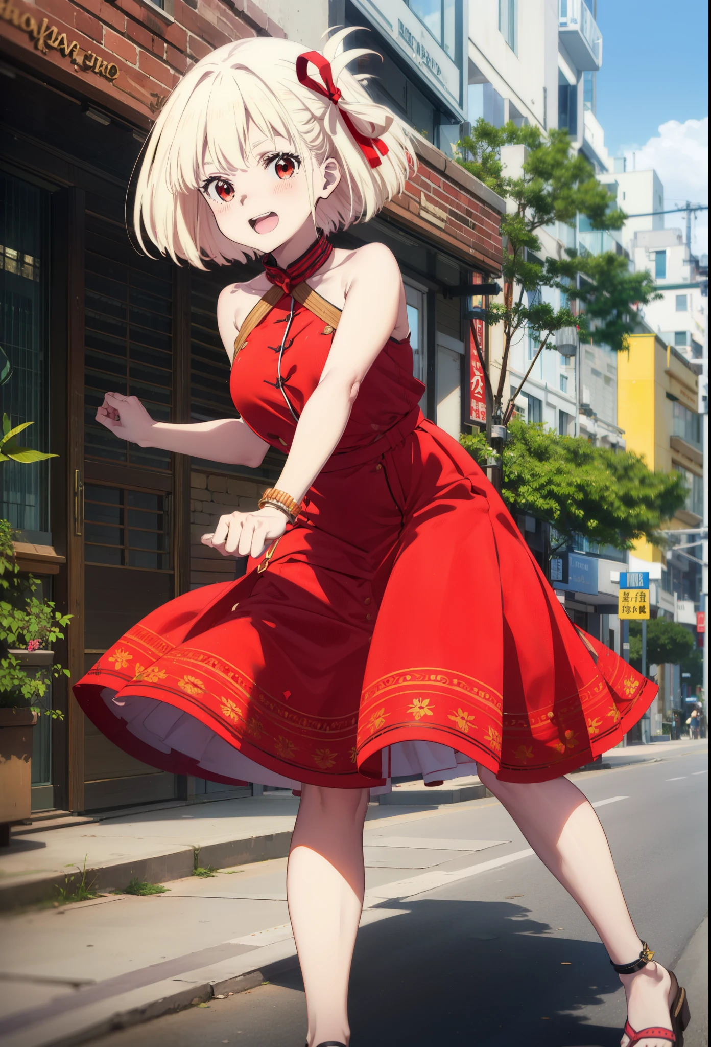 chisatonishikigi, Chisato Nishikigi, short hair, bangs, blonde, (Red eyes:1.5), Hair Ribbon, One side up, Bobcut,happy smile, smile, Open your mouth,
Open your mouth, Red sleeveless dress,Bare arms,Red long skirt,Cute Sandals,whole bodyがイラストに入るように,Walking,Daytime,sunny, walk,Looking up from below,break looking at viewer,whole body,break outdoors, In town,Coastal Road, break (masterpiece:1.2), highest quality, High resolution, unity 8k wallpaper, (shape:0.8), (Beautiful details:1.6), Highly detailed face, Perfect lighting, Extremely detailed CG, (Perfect hands, Perfect Anatomy),