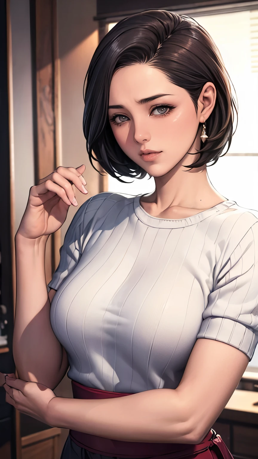 (highest quality,4K,High resolution,masterpiece:1.2),Japanese women,Cowgirl,Portraiture,Vibrant colors,Bright lighting、Bright room、slender、（Small Breasts 1:6)、Blushing、Wearing a white knit