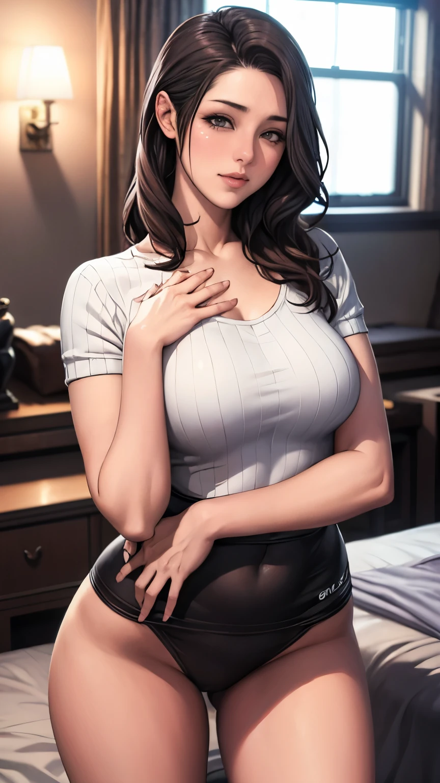 (highest quality,4K,High resolution,masterpiece:1.2),Japanese women,Cowgirl,Portraiture,Vibrant colors,Bright lighting、Bright room、slender、（Small Breasts 1:6)、Blushing、Wearing a white knit