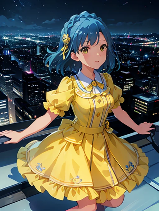 yuriko nanao (million live), 1 girl, Solo, Best Quality, masutepiece, 8K, High resolution, Ultra-detailed, (((It is located on the rooftop, Night view))), lightsmile, Light blue dress, Sailor Color Dress, Short sleeves, Puffy sleeves, Yellow cardigan,