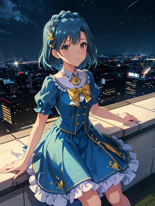 yuriko nanao (million live), 1 girl, Solo, Best Quality, masutepiece, 8K, High resolution, Ultra-detailed, (((It is located on the rooftop, Night view))), lightsmile, Light blue dress, Sailor Color Dress, Short sleeves, Puffy sleeves, Yellow cardigan,