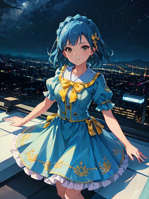 yuriko nanao (million live), 1 girl, Solo, Best Quality, masutepiece, 8K, High resolution, Ultra-detailed, (((It is located on the rooftop, Night view))), lightsmile, Light blue dress, Sailor Color Dress, Short sleeves, Puffy sleeves, Yellow cardigan,